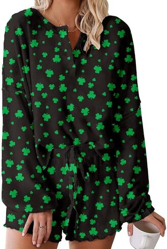 Roshop st patricks day pajamas Women Ruffle Long Sleeve Sets Holiday Lucky Irish Shamrock Pjs in Kuwait