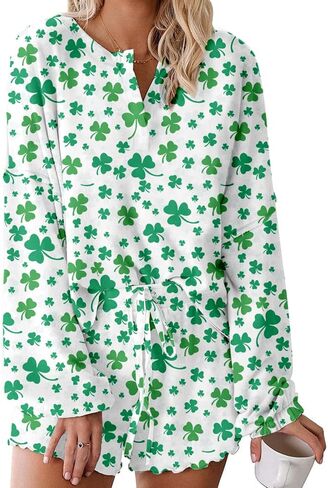 Roshop st patricks day pajamas Women Ruffle Long Sleeve Sets Holiday Lucky Irish Shamrock Pjs in Saudi Arabia