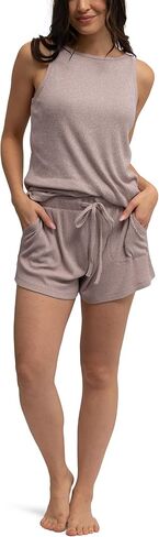 بلوزة Hello Mello CuddleBlend للسيدات بدون أكمام وسروال بيجامة منسوج مضلع مع جيوب جانبية - وردي، متوسط in Kuwait