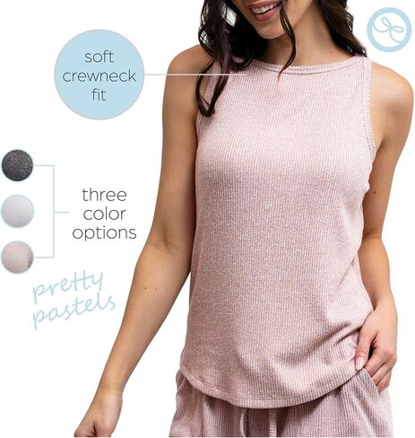 بلوزة Hello Mello CuddleBlend للسيدات بدون أكمام وسروال بيجامة منسوج مضلع مع جيوب جانبية - وردي، متوسط in Kuwait