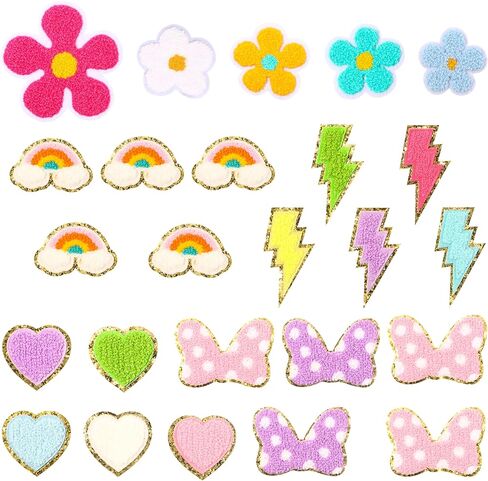 30 قطعة من رقع زين الشنيل الملونة للأطفال حديد على رقع الشنيل قوس قزح ابتسامة زهرة الركبة المطرزة على زينة DIY إكسسوار لملابس الظهر والسراويل والقبعات الجينز in Kuwait