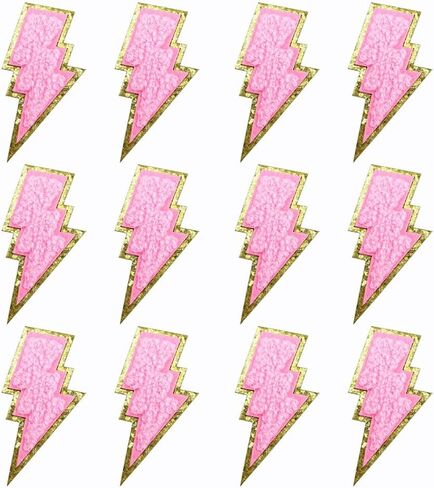 12 PCS Pink Lightning Patch Gold Edges Lightning Bolt Patch Chenille Iron On Patch Sew On Patch for DIY Hats Bags Jackets in Saudi Arabia