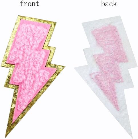 12 PCS Pink Lightning Patch Gold Edges Lightning Bolt Patch Chenille Iron On Patch Sew On Patch for DIY Hats Bags Jackets in Saudi Arabia