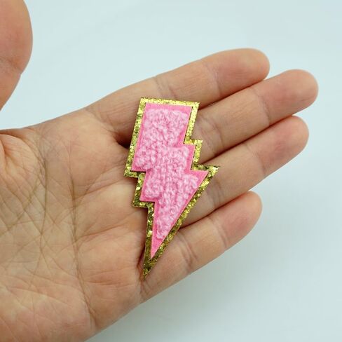 12 PCS Pink Lightning Patch Gold Edges Lightning Bolt Patch Chenille Iron On Patch Sew On Patch for DIY Hats Bags Jackets in Saudi Arabia