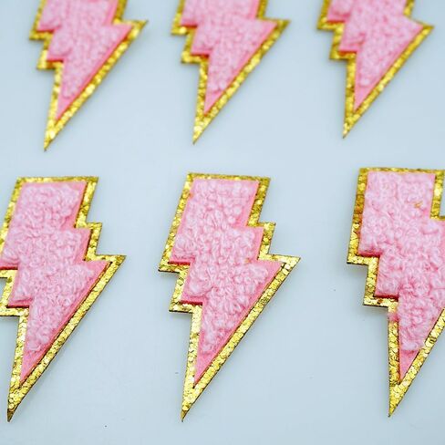 12 PCS Pink Lightning Patch Gold Edges Lightning Bolt Patch Chenille Iron On Patch Sew On Patch for DIY Hats Bags Jackets in Saudi Arabia
