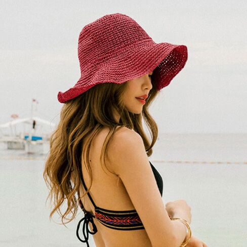 Womens Floppy Straw Sun Hat Foldable Packable Wide Brim Summer Beach Hat Crochet Bucket Hat in Saudi Arabia