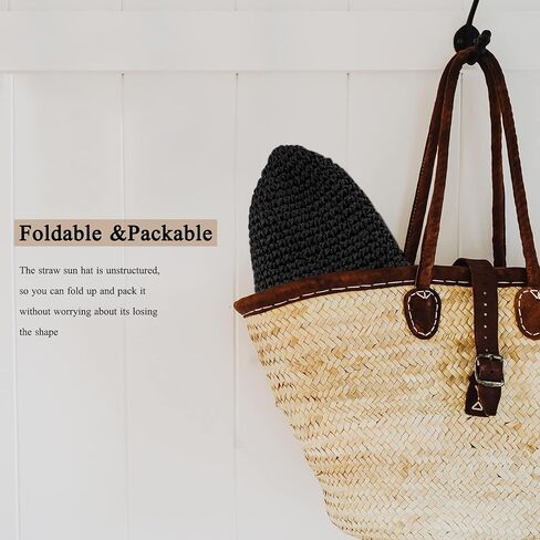 Womens Floppy Straw Sun Hat Foldable Packable Wide Brim Summer Beach Hat Crochet Bucket Hat in Saudi Arabia