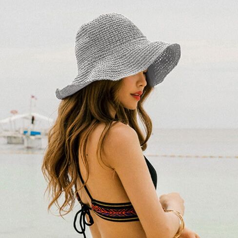 Womens Floppy Straw Sun Hat Foldable Packable Wide Brim Summer Beach Hat Crochet Bucket Hat in Saudi Arabia