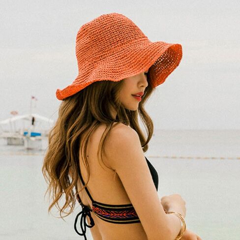 Womens Crochet Straw Sun Hat Foldable Floppy Wide Brim Beach Hat for Summer in Kuwait