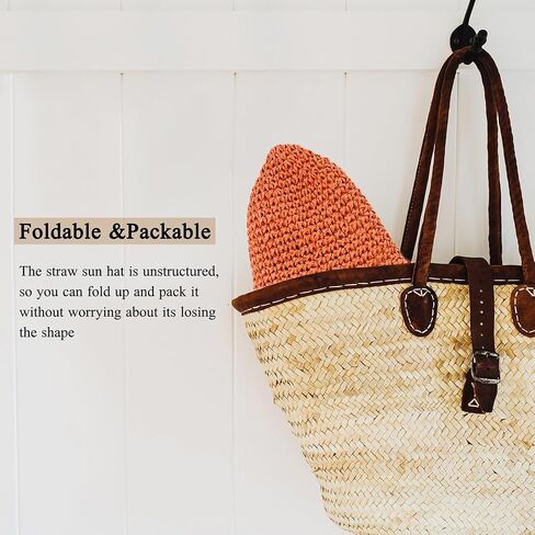 Womens Crochet Straw Sun Hat Foldable Floppy Wide Brim Beach Hat for Summer in Kuwait