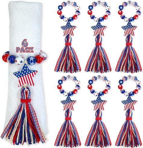6PCS Patriotic Napkin Rings 4th of July Napkin Rings Holders Wood Beads Napkin Rings with Blue Red Tassels Independence Day Serviette Rings for 4th of July Memorial Day Dining Table Decoration in Kuwait
