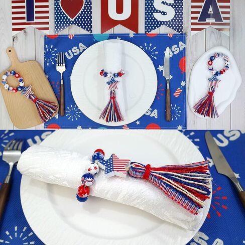 6PCS Patriotic Napkin Rings 4th of July Napkin Rings Holders Wood Beads Napkin Rings with Blue Red Tassels Independence Day Serviette Rings for 4th of July Memorial Day Dining Table Decoration in Kuwait