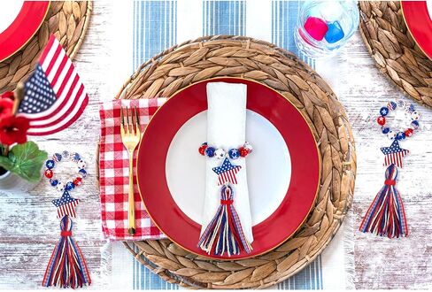 6PCS Patriotic Napkin Rings 4th of July Napkin Rings Holders Wood Beads Napkin Rings with Blue Red Tassels Independence Day Serviette Rings for 4th of July Memorial Day Dining Table Decoration in Kuwait