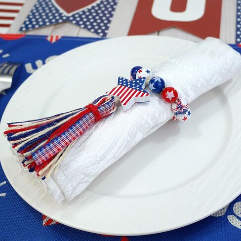6PCS Patriotic Napkin Rings 4th of July Napkin Rings Holders Wood Beads Napkin Rings with Blue Red Tassels Independence Day Serviette Rings for 4th of July Memorial Day Dining Table Decoration in Kuwait