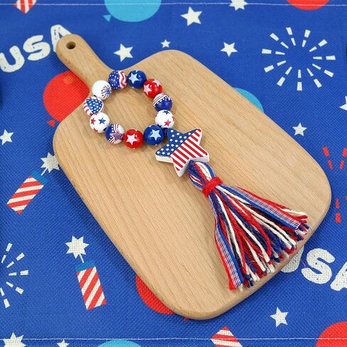 6PCS Patriotic Napkin Rings 4th of July Napkin Rings Holders Wood Beads Napkin Rings with Blue Red Tassels Independence Day Serviette Rings for 4th of July Memorial Day Dining Table Decoration in Kuwait