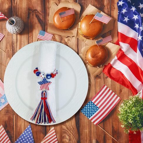 6PCS Patriotic Napkin Rings 4th of July Napkin Rings Holders Wood Beads Napkin Rings with Blue Red Tassels Independence Day Serviette Rings for 4th of July Memorial Day Dining Table Decoration in Kuwait