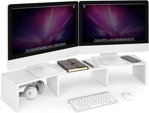 Ballucci Dual Monitor Stand for Desk, Adjustable Length and Angle Dual Computer Monitor Riser, Tablet, Laptop Stand, Desktop Organizer - Walnut in Saudi Arabia