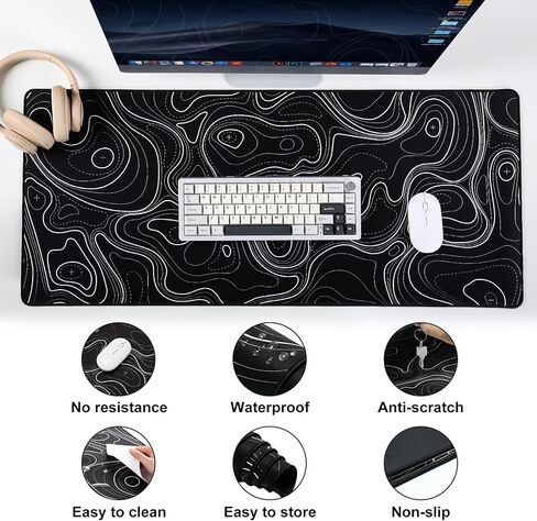 YUNZII Keynovo Gaming Mouse Pad, Large Mouse Pad, Non-Slip 4mm Laptop Gaming Desk Pad,Waterproof Desk Pad for Gaming, Office and Home (35.4'' x 15.7'', Black Topographic) in Saudi Arabia