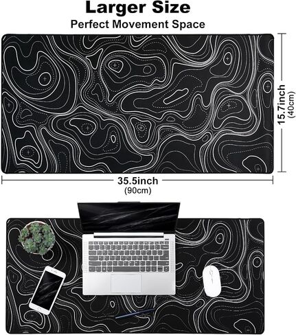 YUNZII Keynovo Gaming Mouse Pad, Large Mouse Pad, Non-Slip 4mm Laptop Gaming Desk Pad,Waterproof Desk Pad for Gaming, Office and Home (35.4'' x 15.7'', Black Topographic) in Saudi Arabia