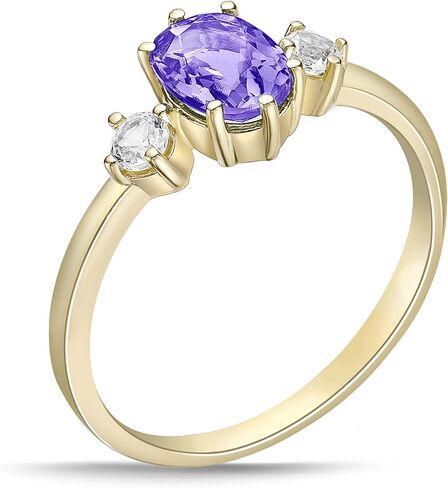 14K Yellow Gold Plated .925 Sterling Silver Oval Cut Birthstone & Created White Sapphire Three Stone Engagement Ring - Choice of Birthstone/Month in Saudi Arabia