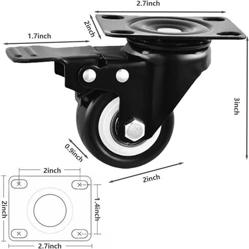 عجلات دوارة مقاس 2 بوصة، عجلات دوارة مع مجموعة فرامل مكونة من 4 عجلات شديدة التحمل مقاس 2 بوصة، عجلات من البولي يوريثين بدون ضوضاء بزاوية 360 درجة للعربة والأثاث ومنضدة العمل (عجلات دوارة مقاس 2 بوصة مع فرامل) in Kuwait