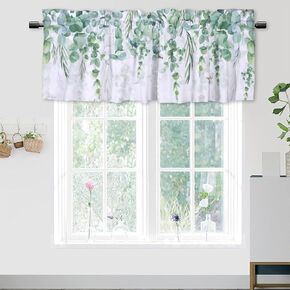 Curtain Valance for Windows Watercolor Eucalyptus Leaf Rod Pocket Valance Window Treatments Plant Leaves with Floral Short Curtains for Kitchen Windows Bedroom Bathroom, 54 x 18 inch, 1 Panel
