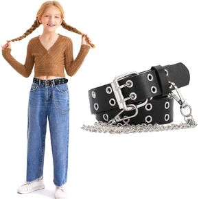 WERFORU Kids Double Grommet Belts With Holes for Girls Boys PU Leather Two Row Grommet pants Belt for Jeans Dress (Suit for pants size below 28 Inches)
