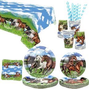 Horse Party Supplies - Horse Party Tableware - Dinner Plates Desserts Plates Cups Napkins Tablecover Straws for Horse Racing Cowboy Western Boy Birthday Party Supplies Decorations, Serves 20 (20)