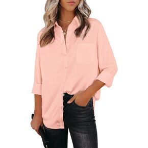 Womens Button Down Shirts Dress Shirts Long Sleeve Wrinkle Free Collar Blouses V Neck Work Office Tunic Chiffon Tops