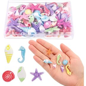 200PCS Ocean Seashell Fish Starfish Beads, UHOMENY Assorted Acrylic Fish Tiny Beads Colorful Sea Shell Scallops Animal Spacer Beads with Holes ，8~15 mm