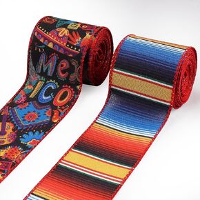2 Rolls Mexican Fiesta Ribbons for Wreath Bows, 2.5"×10 Yards Wired Edge Ribbons Cinco de Mayo Craft Ribbon Mixed Color Stripes Wired Ribbons for Crafting Sewing DIY Crafts Supplies