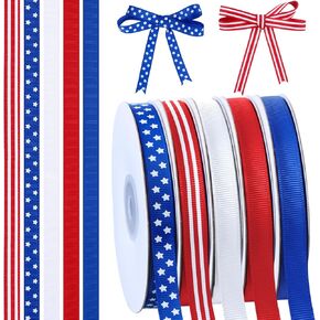 5 لفات 100 ياردة شريط سلكي وطني أحمر وأبيض وأزرق نجمة وشريط Grosgrain مخطط للحرف اليدوية في الرابع من يوليو يوم الاستقلال التذكاري لتزيين الهدايا، عرض 3/8 بوصة in Kuwait