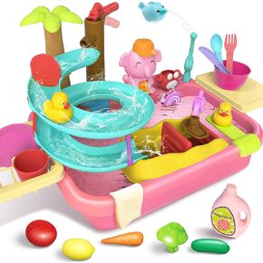 Play Sink with Running Water, 4-IN-1 Kitchen Sink Toy with Upgraded Water Slide Track, Magnetic Fishing Game Floating Toys for Water Play, Pretend Play Dishwasher for Kids Girls and Toddlers 3-8 Years