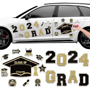 18Pcs Graduation Car Magnets Black Gold Grad 2024 Car Decorations Graduation Magnets Waterproof Congrats Grad Automotive Garage Door Fridge Magnetic Sticker for Class of 2024 Graduation Party Supplies
