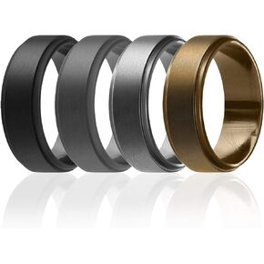 ROQ Silicone Wedding Ring for Men, 4 Packs & Singles Silicone Rubber Wedding Bands - Step Edge Sleek Design - Metallic, Black and Camo Colors