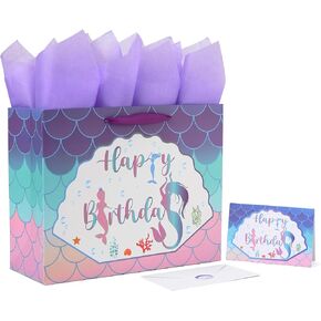 13" Large Purple Gift Bag Set with Greeting Card and Lavender Tissue Papers (Mermaid Design) for Girls' Birthday Party, Women's Birthday Parties, Baby Shower, Baby Girl - 13"x5.2"x10.2", 1 Pcs.