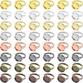 48pcs Adjustable Ring Blanks for Jewelry Making 12mm Blank Ring Base, Adjustable Ring Bases Adjustable Ring Blanks Bezel Trays for DIY Cabochon Rings Jewelry Findings (8 Colors)