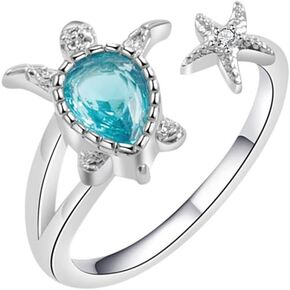 Sea Turtle Starfish Statement Ring Blue Cubic Zirconia Adjustable Open Crystal Sea Animals Pets Nature Ocean Ring Finger Band Eternity Wedding Engagement Cute Jewelry Gifts for Women Girls Gifts Xmas