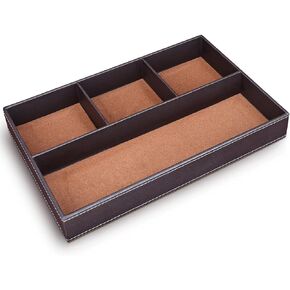 KINGFOM Pu Leather Desk Organizer Tray, 4 Compartment Office Storage Supplies Stationery Drawer Tray, Nightstand Bedside Tray for Key, Wallet, Sunglass, Watch, Coin, Phone Valet Tray StackableBlack