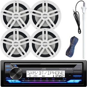 JVC KD-T92MBS in-Dash Marine Boat Bluetooth Radio USB CD Receiver Bundle Combo with 2 Pairs of Enrock White 6.5" 2-Way Boat Stereo Audio Speakers + Long Range AM/FM Radio Antenna + 16g Speaker Wire