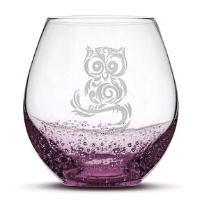 Integrity Bottles Tribal Owl Design Stemless Wine Glass, Handmade, Handblown, Hand Etched Gifts, Sand Carved, 18oz (Bubble Purple)
