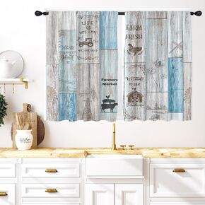 Coxila ريفي مزرعة المطبخ نافذة الستائر 27.5 × 39 بوصة صغيرة قصيرة صغيرة مقهى قضيب الجيب الأزرق البلد الخشب الحظيرة مزرعة غرفة المعيشة غرفة نوم العلاج المنزلي مجموعة من 2 لوحات الستار الستائر الطبقات in Kuwait