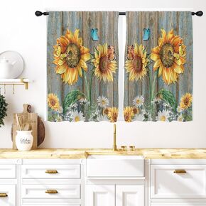 Coxila Sunflower Kitchen Window Curtains 27.5 x 39 Inch Small Short Mini Cafe Rod Pocket Rustic White Daisy Floral Butterfly Living Bedroom Room Home Treatment Set of 2 Curtain Panels Drapes Tiers