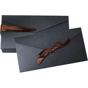 10 Pack Black Kraft Paper Envelopes with Ribbons, Invitation Envelopes for Festival and Party - Black