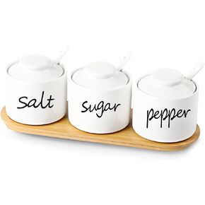ONTUBE Farmhouse 8oz Sugar Pepper and Salt Bowls with Lid and Spoon, Ceramics Condiment Pots,Seasoning Jar Spice Container for Kitchen,Dishwasher Safe (White) in Kuwait