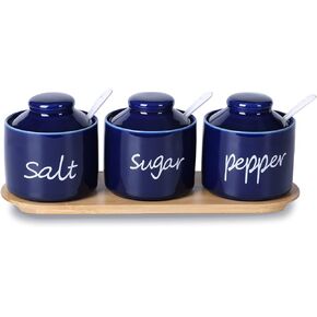 ONTUBE Farmhouse 8oz Sugar Pepper and Salt Bowls with Lid and Spoon, Ceramics Condiment Pots,Seasoning Jar Spice Container for Kitchen,Dishwasher Safe (White)