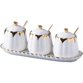 3pcs Ceramic Condiment Pots Porcelain Sugar Bowls Decorative Gold Salt Containers Set Seasoning Pepper Boxes Kitchen Spice Jars with Lids,Spoon and Serving Tray,Black
