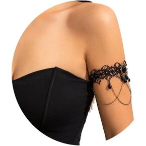 Black Crystal Pendant Upper Arm Chain Bracelet Multi-layer Tassel Armlet Gothic Crystal Adjustable Open Arm Cuff Bangle Bracelets Summer Beach Body Jewelry for Women