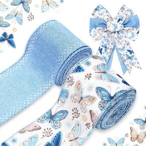 AnyDesign Spring Wired Edge Ribbon Butterfly Craft Ribbon Blue Fabric Ribbon for Wreath Bow Making DIY Crafts Wrapping Party Decor Supplies, 2 Rolls, 20 Yard, 2.5inx10yard