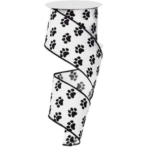 Craig Bachman 2.5" Satin Paw Print Ribbon: Black & White (10 Yards) Floral Arrangement, Gift Wrapping, Wreath, Bow, Fabric Craft Wired Edge Ribbon